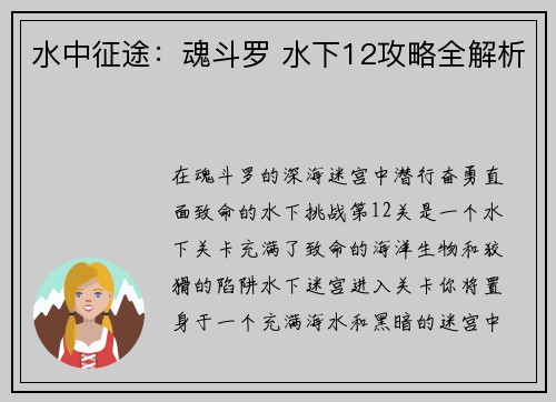 水中征途:魂斗罗 水下12攻略全解析