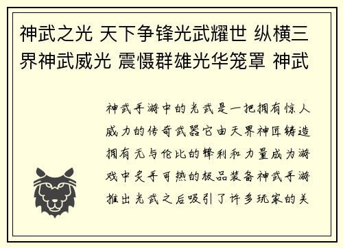 神武之光 天下争锋光武耀世 纵横三界神武威光 震慑群雄光华笼罩 神武问鼎