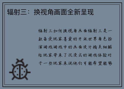 辐射三：换视角画面全新呈现